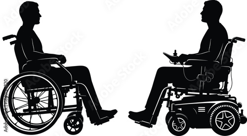 Disabled Men in Wheelchairs Vector Illustration with Manual and Electric Power Wheelchair Silhouettes for Accessibility and Inclusion Graphic Design Projects (20 words)