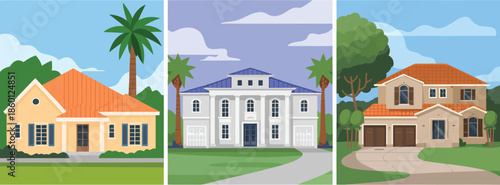 Variety of residential houses illustrating different architectural styles and comfortable suburban living spaces