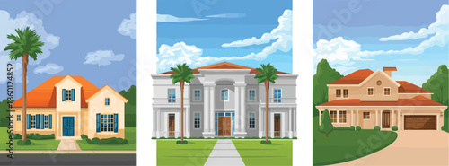 Collection of Various Residential House Exteriors with Landscaping