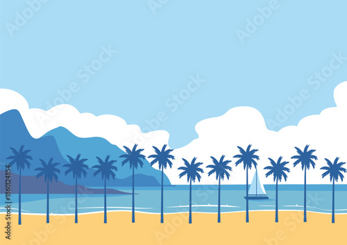 Tropical Beach with Palm Trees and Sailboat on the Ocean