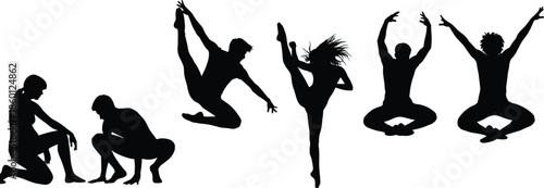 Diverse Dancers and Performers Silhouettes Set with Modern Dance Poses Jumping Gymnasts and Artistic Figures Isolated on White Background Vector (20 words)