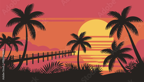 Vibrant tropical sunset with silhouetted palm trees and a serene wooden pier