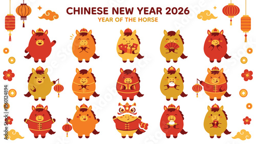 Chinese New Year 2026 Year of the Horse Cute Cartoon Characters.