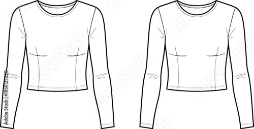 Cropped long sleeve top vector illustration, fashion flat template, front view technical drawing outline mockup apparel
