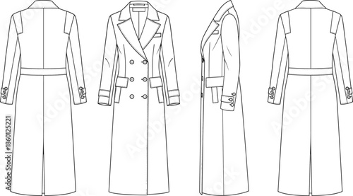 Double Breasted Long Trench Coat Technical Sketch, Women Formal Overcoat Front Back Side View, Fashion CAD Drawing, Flat Vector Illustration (20 words)