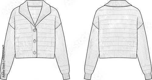 Button front cardigan sweater vector illustration, fashion flat template, front and back technical drawing detailed outline