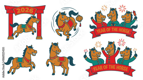 Collection of Festive Horse Illustrations for Chinese New Year Celebrations.