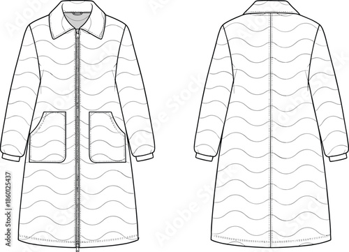 Long quilted coat vector illustration, fashion flat template, front and back technical drawing outerwear mockup outline