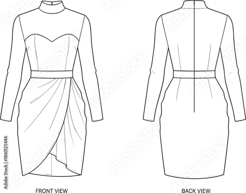 Elegant draped dress vector illustration, fashion flat template, front and back view technical drawing outline mockup