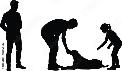 Family Playing with Dog Silhouette Set Featuring Father and Daughter Petting their Loyal Pet Domestic Animal and Happy Childhood Vector (20 words)