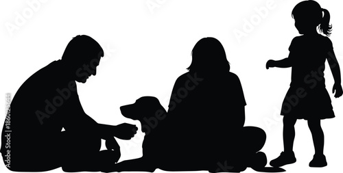 Family Playing with Dog Silhouette Set Featuring Mother Father and Daughter Petting Golden Retriever Domestic Animal and Happy Childhood Vector (20 words)