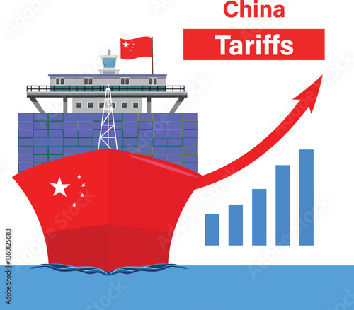 China and United States trade High Tariffs  war concept. Vector  cargo ships. Taxation of import and exports ships trade china flag america flag sea area 
