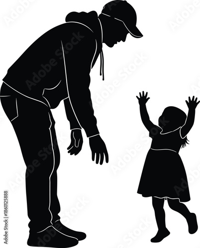 Father and Daughter Silhouette Vector Illustration Featuring a Man in Hoodie and Cap Reaching Toward a Little Girl Playing Together