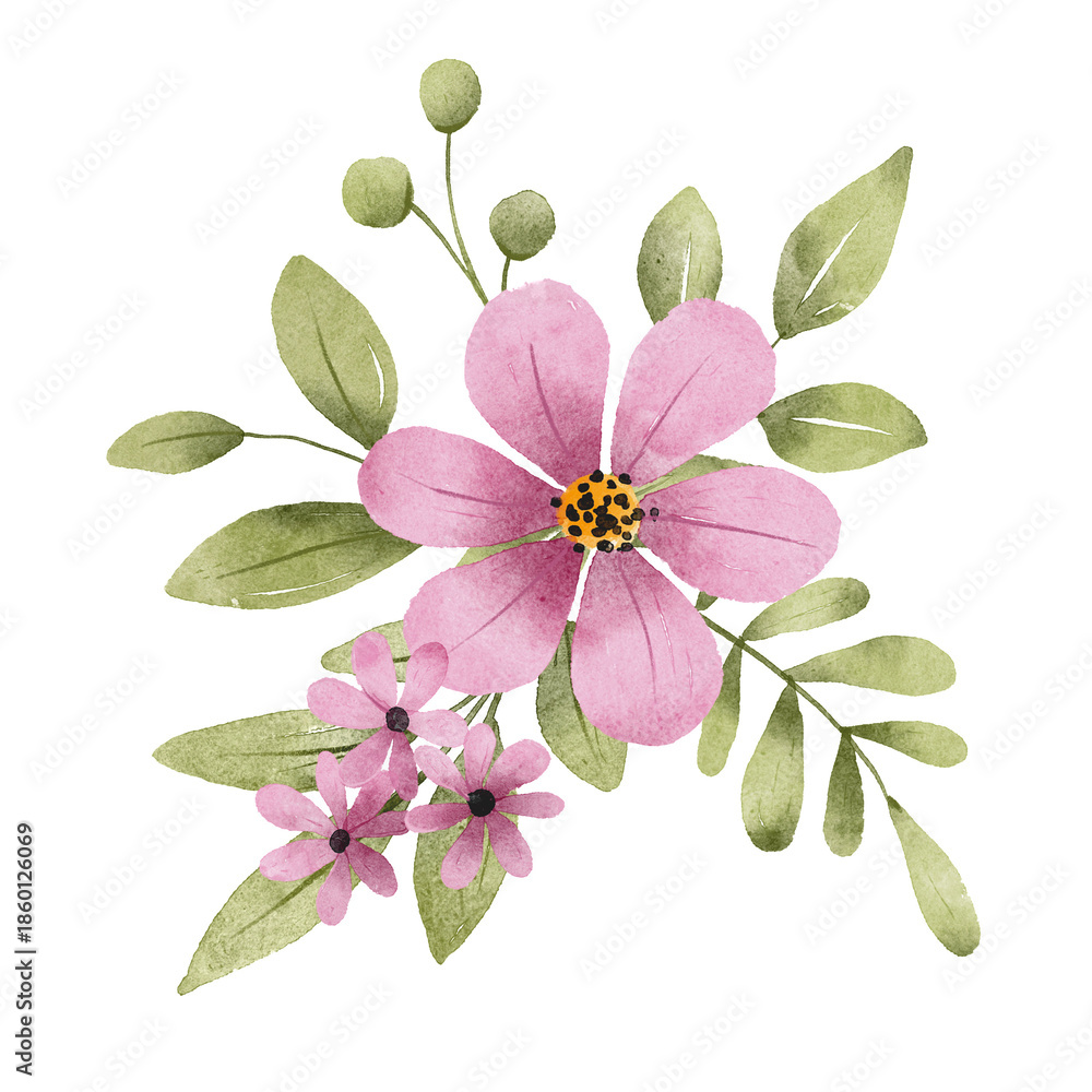 Naklejka premium Watercolor flowers, floral bouquet. Perfectly for print on greeting card, wedding invitation, poster. Hand drawing. Composition isolated on white.