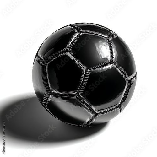 Contemporary soccer ball silhouette design, black vector object, white background, realistic shadow effect, black and white stock style, modern professional mood, crisp tone, slight top angle