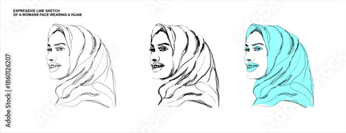 Expressive Line Art Sketch of a Smiling Woman Wearing a Hijab