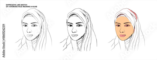 Expressive Line Art Sketch of a Smiling Woman Wearing a Hijab