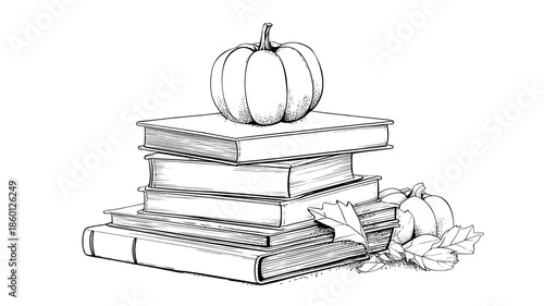 Pumpkin resting on stacked hardcover books with autumn leaves detailed monochrome illustration engraving isolated on white background