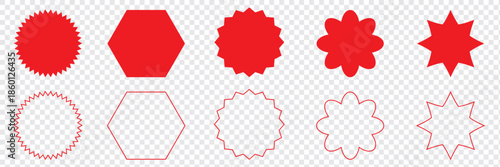 Set of starburst price tags. Round sticker collection with wavy edges, black promo badges, and blank sale labels. Simple flat silhouettes in vintage style, isolated on transparent background.