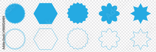 Set of starburst price tags. Round sticker collection with wavy edges, black promo badges, and blank sale labels. Simple flat silhouettes in vintage style, isolated on transparent background.