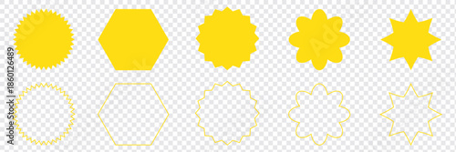 Set of starburst price tags. Round sticker collection with wavy edges, black promo badges, and blank sale labels. Simple flat silhouettes in vintage style, isolated on transparent background.