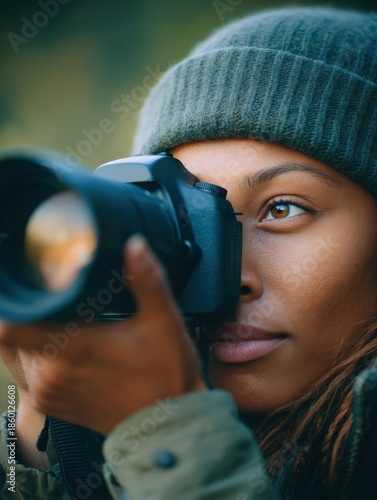 young african american woman taking photos with a telephoto lens while camping in the woods 