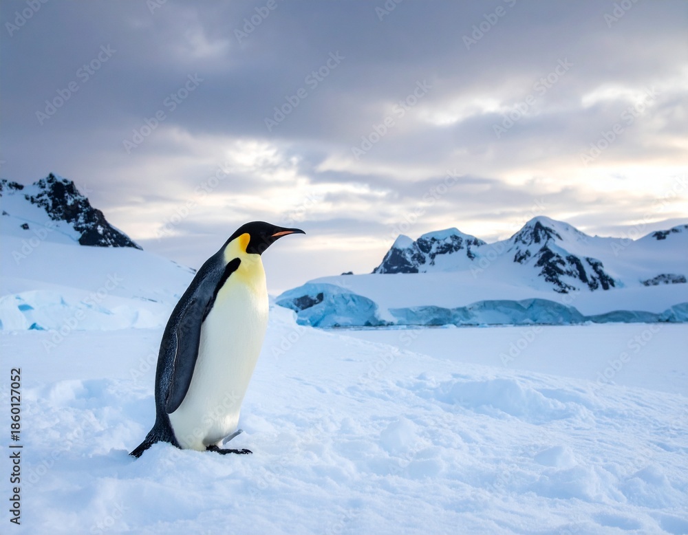 Obraz premium Emperor Penguin Stands on Snow with Antarctica Mountains