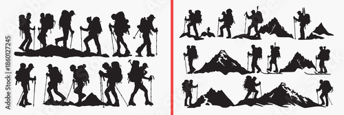 hiking people silhouettes vector, outdoor adventure clipart, trekking svg, mountain activity illustration, explorer people graphics, black hiking silhouettes, travel vector art, adventure pose design,