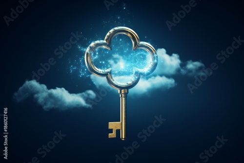 Golden ornate key opening to a brilliant sparkling light, symbolizing opportunity and success