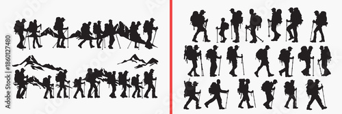 hiking people silhouettes vector, outdoor adventure clipart, trekking svg, mountain activity illustration, explorer people graphics, black hiking silhouettes, travel vector art, adventure pose design,