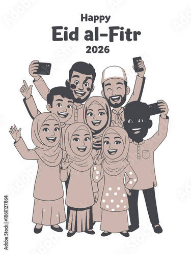 Happy Eid al-Fitr Celebration with Diverse Family Taking Selfies.