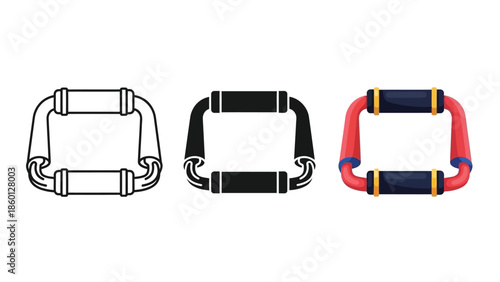 Set of three push up bars icons outline, solid black and colored versions for fitness and workout equipment design