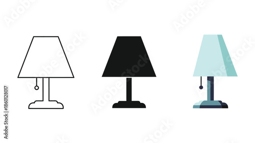 Set of three table lamp icons outline, solid black silhouette and flat color illustration
