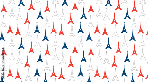 Paris Landmark Pattern, Eiffel Tower Trio Styles Red Blue Black, Seamless Vector Background for Apparel or Decor