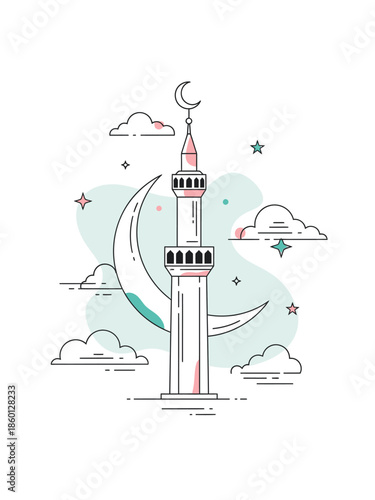 Islamic Minaret Tower Crescent Moon Stars Clouds.