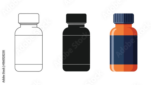Set of three supplement or medicine bottles, outline, silhouette and colored illustration