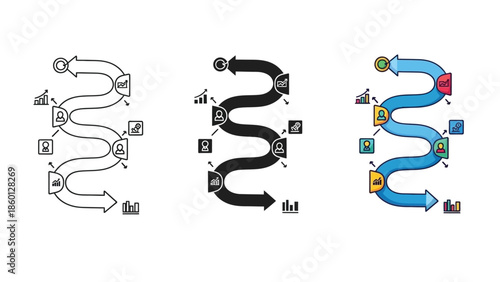 Three variations of a winding process flow chart with icons representing steps, data, and people, showing progression from top to bottom