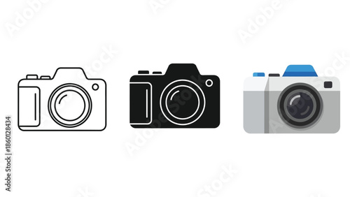 Set of three camera icons outline, solid black and color illustration, representing photography equipment and technology
