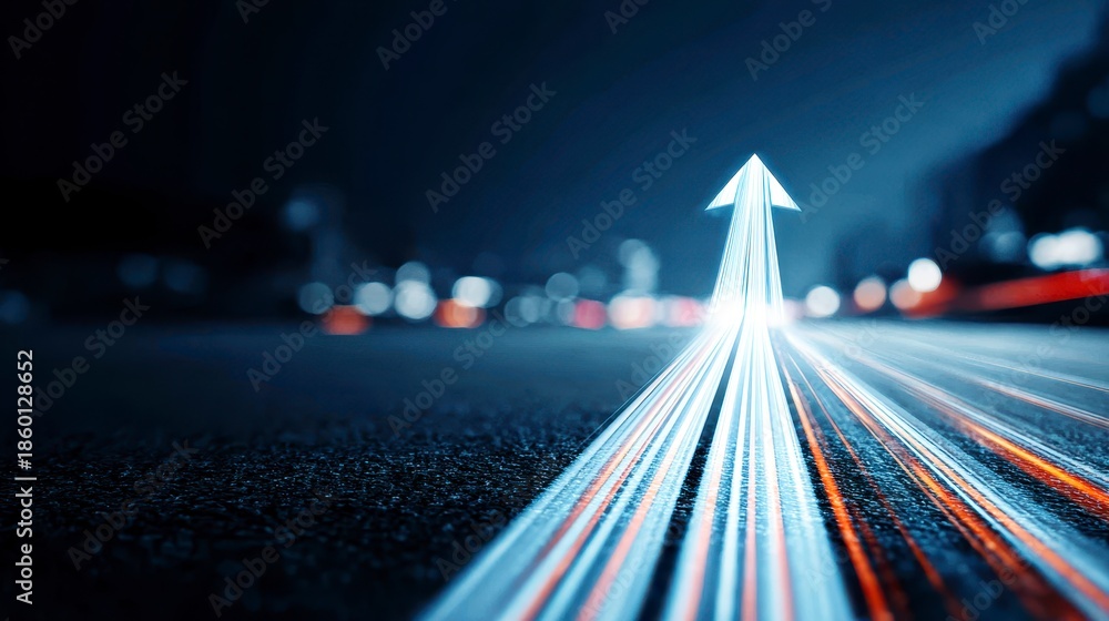 Obraz premium Growth trajectory concept illustrated by glowing arrow light trails on dark road at night, symbolizing progress, speed, and futuristic technology in urban environment