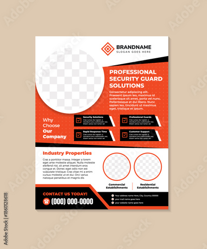 professional security guards solutions flyer template on vertical layout. circle shapes for photo space. orange and black on element isolated with white background