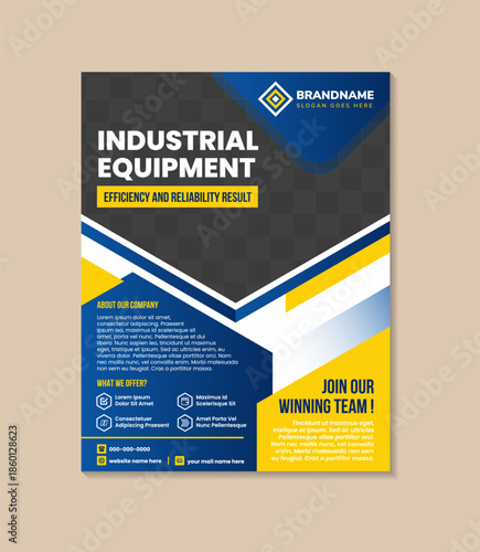 modern heavy equipment rental flyer template. half hexagon shape for photo space. abstract geometric shapes use combination yellow and blue gradient. vector illustration design on vertical layout.