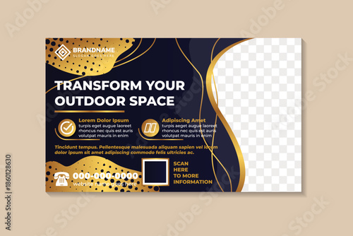 gardening web banner, lawn care service promoting eco friendly practices. transform your outdoor space cover template on horizontal layout design, combination blue, white and gold gradient colors