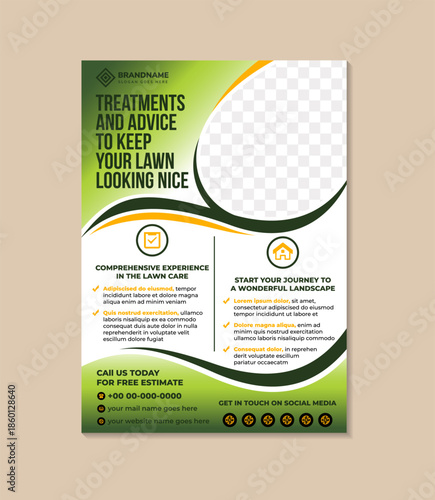 lawn and garden care flyer design for treatment and advice to keep your lawn looking nice. vertical layout poster template use combination green and yellow on element isolated on white background.