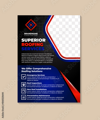 construction and renovation flyer design template. superior roofing services poster with dot pattern. combination white, red, and blue colors on element isolated on black background.