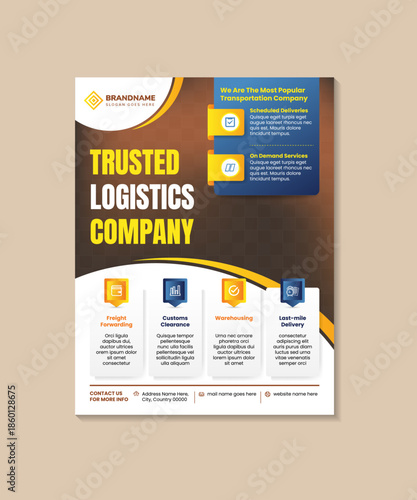 trusted logistics company flyer template design. photo and infographic element with icon and text. the illustration on vertical layout use combination blue, brown and yellow colors