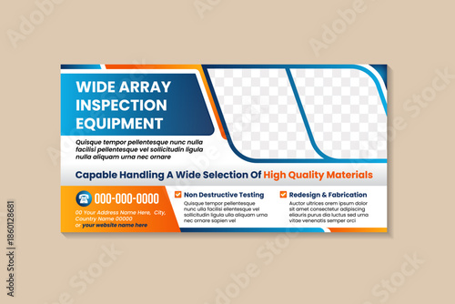 abstract design of banner template with example of headline is wide array inspection equipment. combination blue and orange gradient on white background