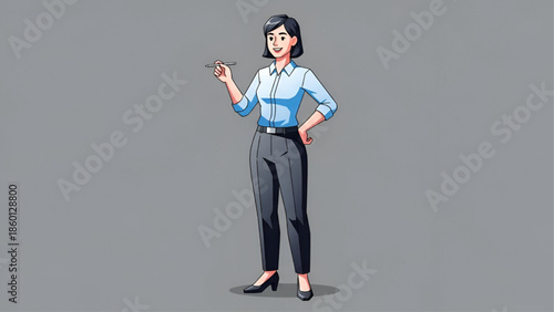 Confident Businesswoman Pointing with Pen in Formal Attire Isolated on Grey Background