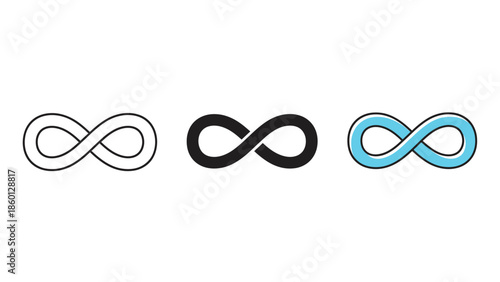 Set of three infinity symbols in different styles outline, solid black and blue outline, representing endlessness and eternity