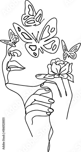 hand drawn vector illustration line art of a sketch of woman and butterfly with flower rose design