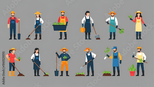 Gardeners Working with Gardening Tools on Gray Background